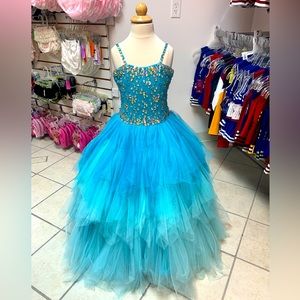 Sz 4 Perfect Angel Blue Beaded Ombré Kerchief Skirt Long Pageant Ballgown Dress